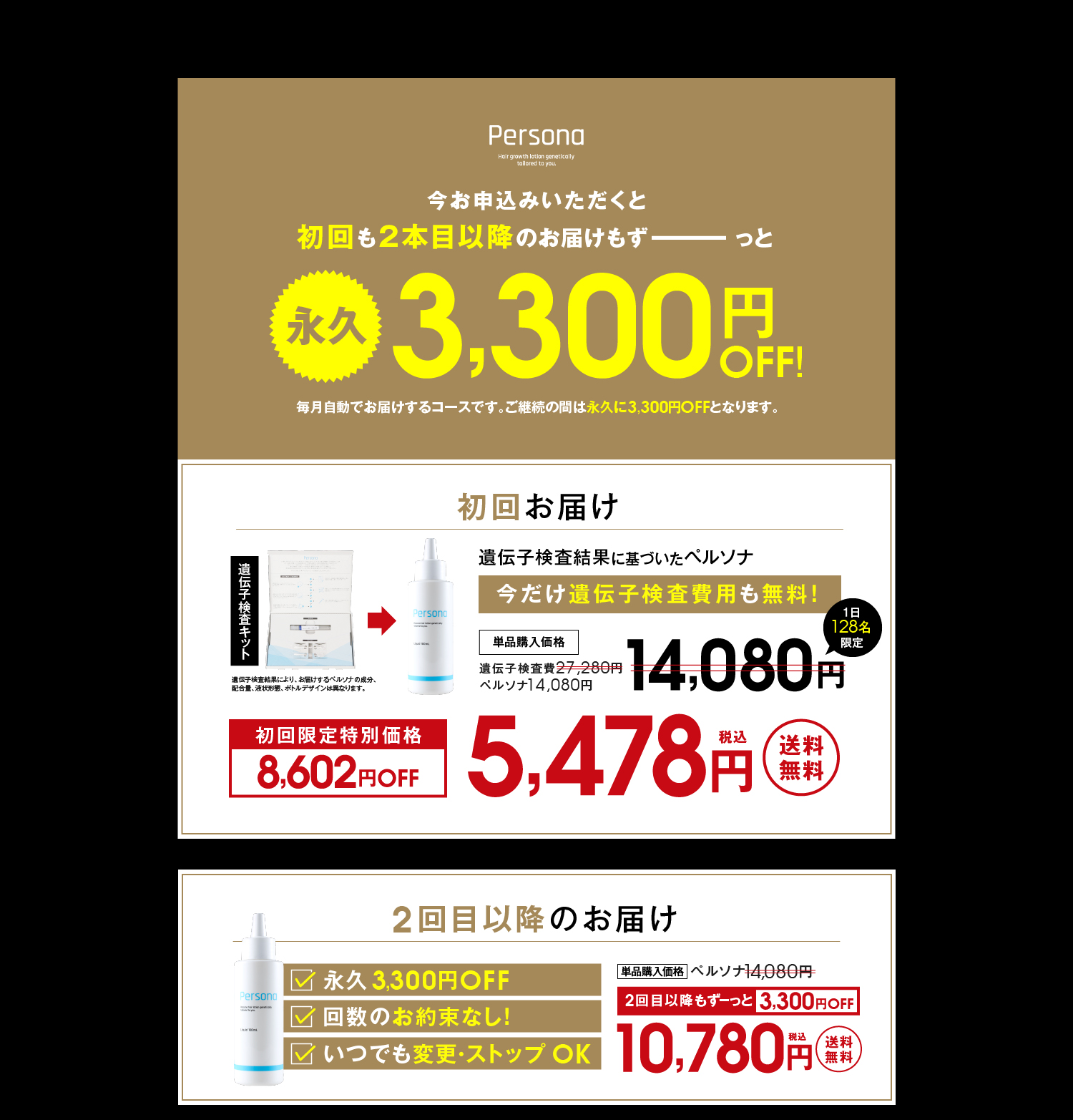 今お申込みいただくと初回も2本目以降のお届けもずーっと永久3,300円OFF!